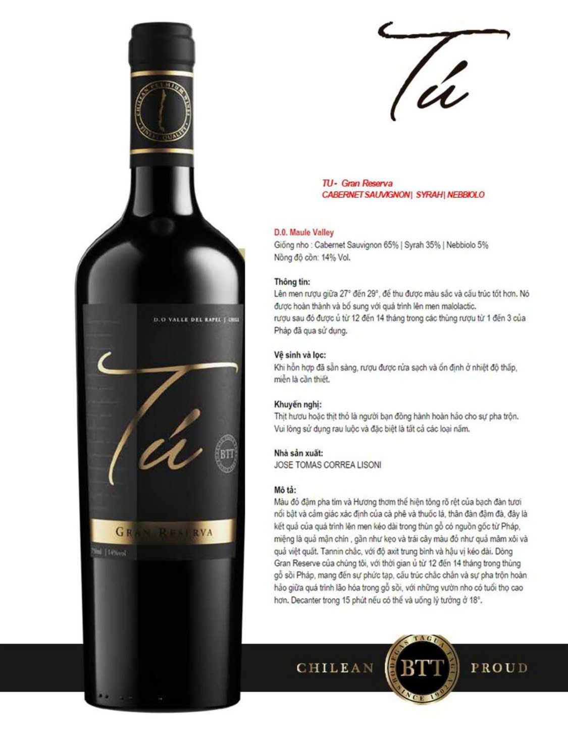 Rượu vang Chile Tu Gran Reserva
