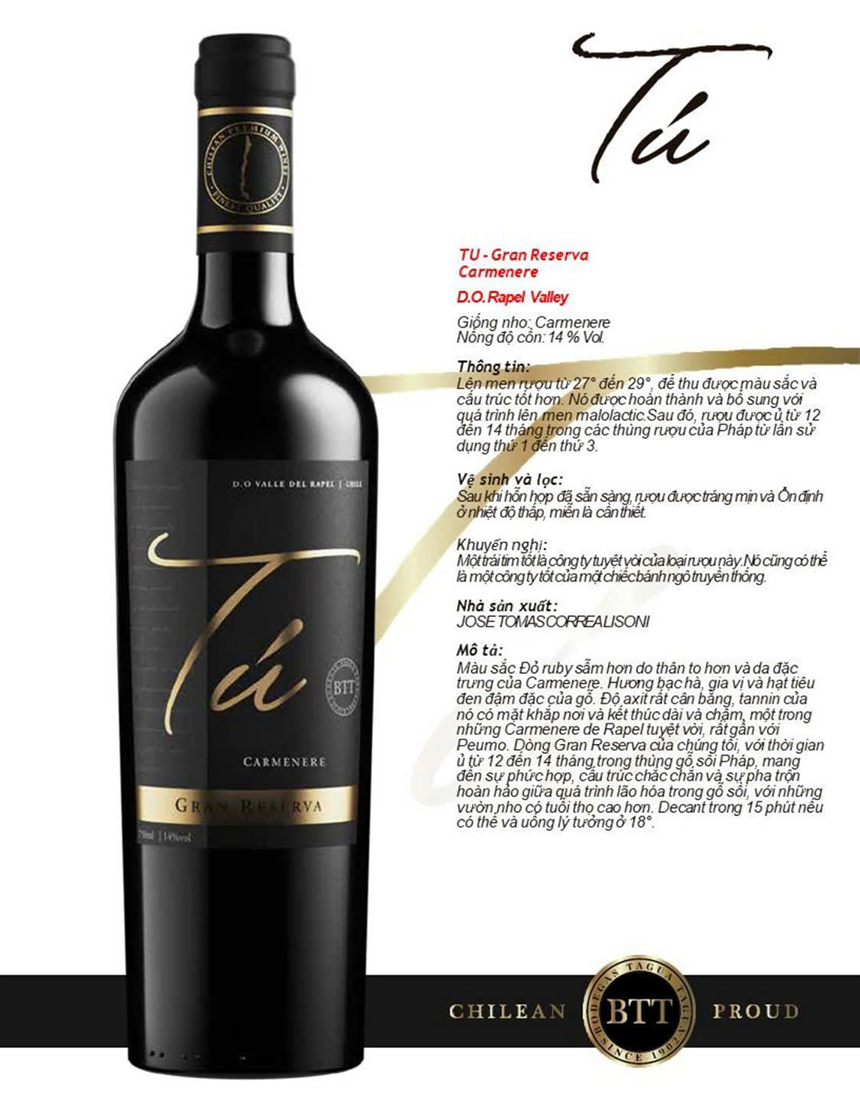 Rượu vang Tu Gran Reserva Carmenere